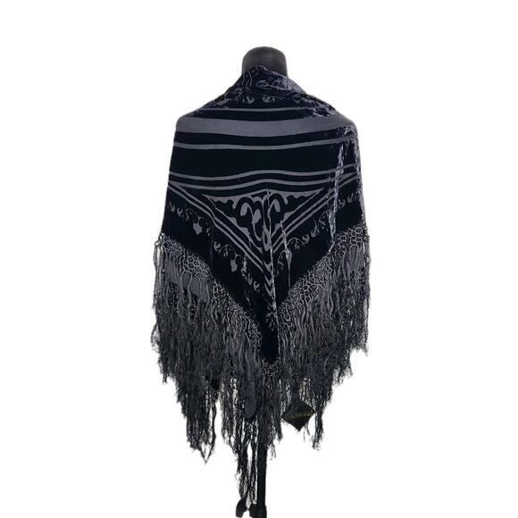NWT Carucci Vintage Silk Burnout Velvet Piano Fringe Square Wrap Black Witchy - Picture 2 of 6